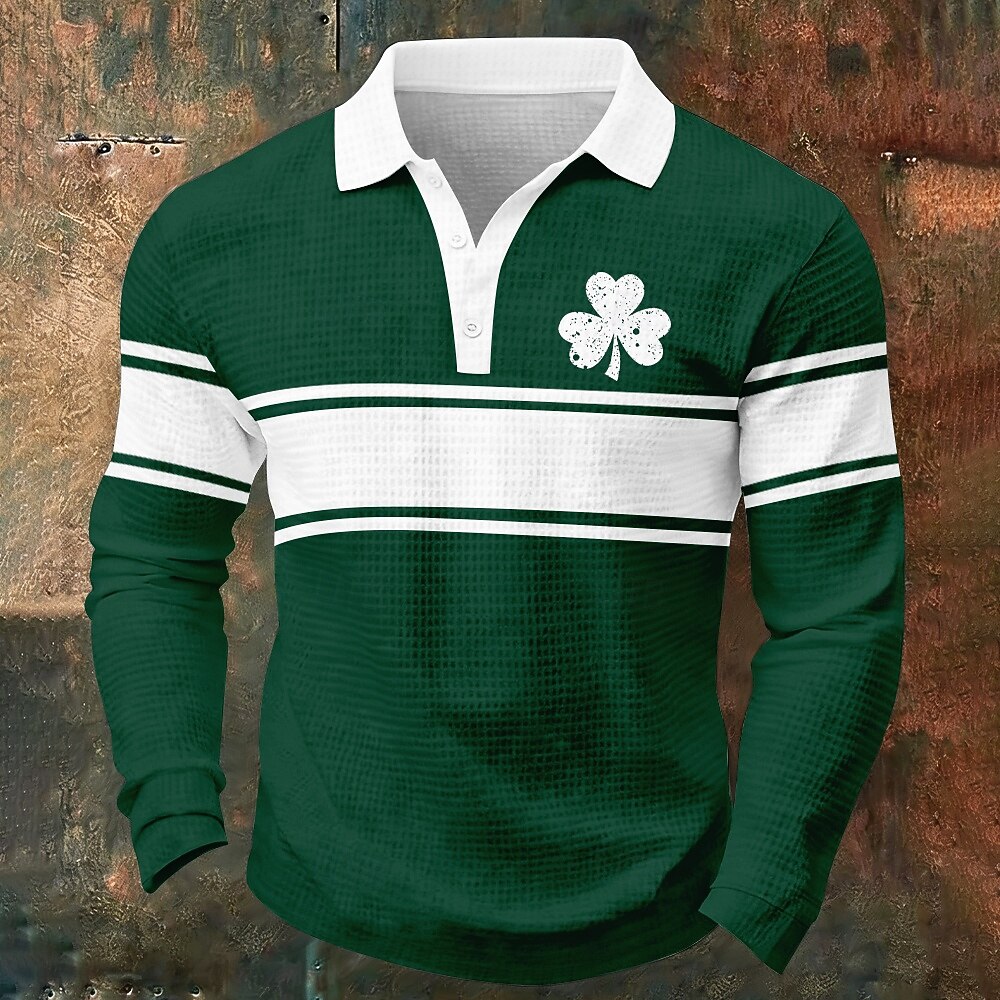 St Patrick's Day Men's Shamrock Waffle Polo Shirts Long Sleeve Polo Shirts Collared Shirts Casual Daily Wear Festival Outfit Buttons Spring Fall White Dark Green Green 2026 - $26.99 –P3