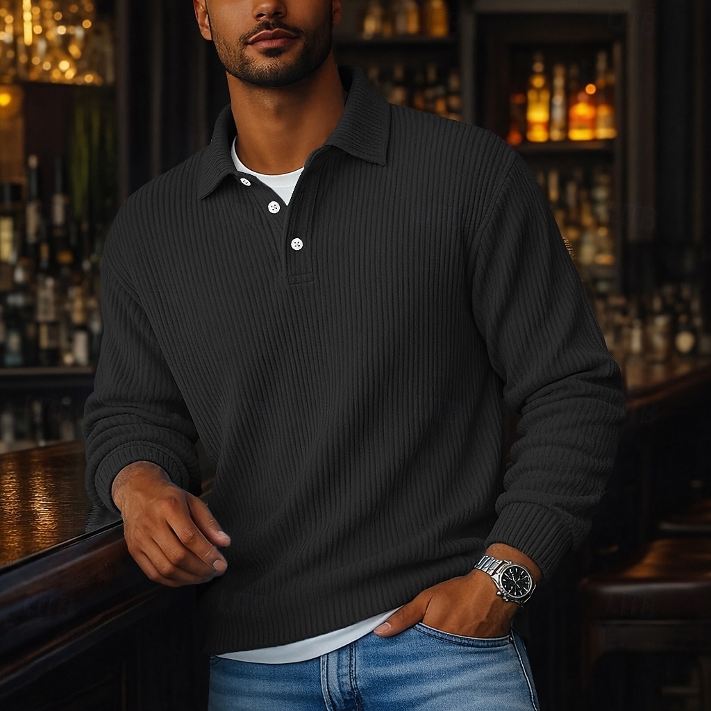 Homens Camiseta de Veludo Textura Casual Esportes Lapela Manga Longa Moda Básico Bloco de cor Botões Estriado Outono Primavera & Outono Outono & inverno Normal Preto Azul Marinha cáqui Cinzento Azul de 2026 por $25.99 –P15