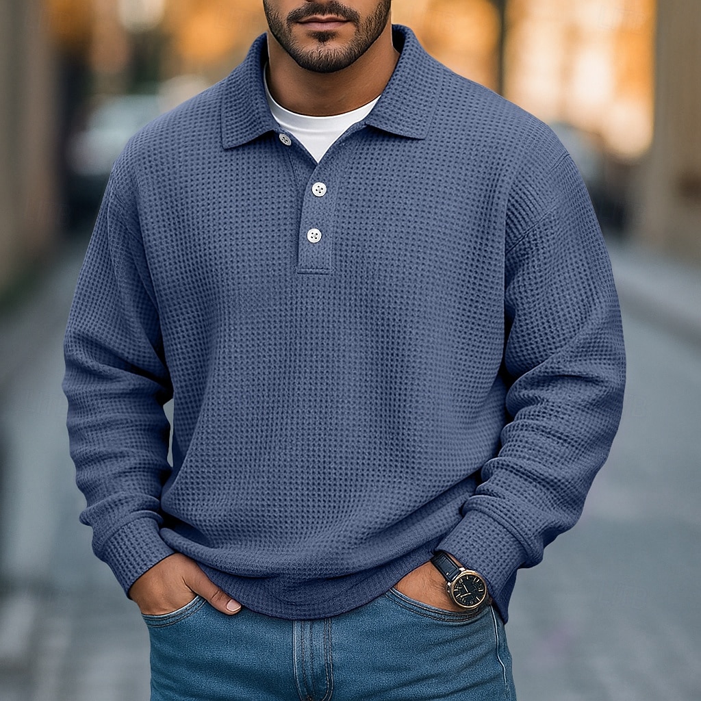 2026年 男性用 ワッフルポロシャツ テクスチャード加工 カジュアル ストリート リブ付きポロカラー 長袖 ファッション 純色 ボタン 平織り 秋 春 & 秋 ルーズフィット パープル カーキ色 ライト ダークブルー ライトブルー ワッフルポロシャツ  コレクション – $26.99 –P11