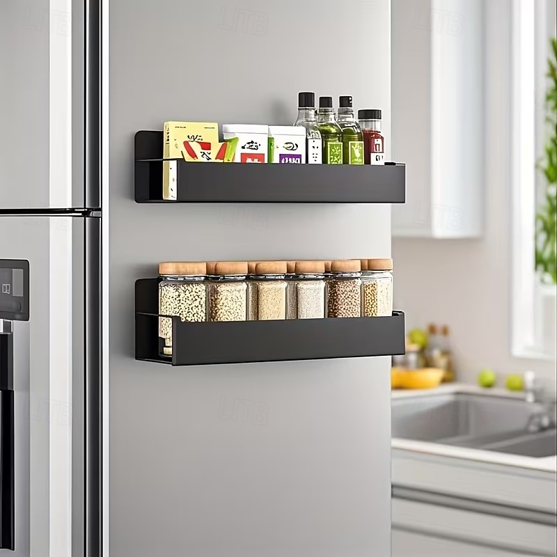 2 магнитных органайзера для холодильника с 4 съемными крючками, магнитная полка для хранения без сверления, боковая полка для хранения на холодильнике, компактные аксессуары для кухни и ванной, 2026 - $22.99 –P1