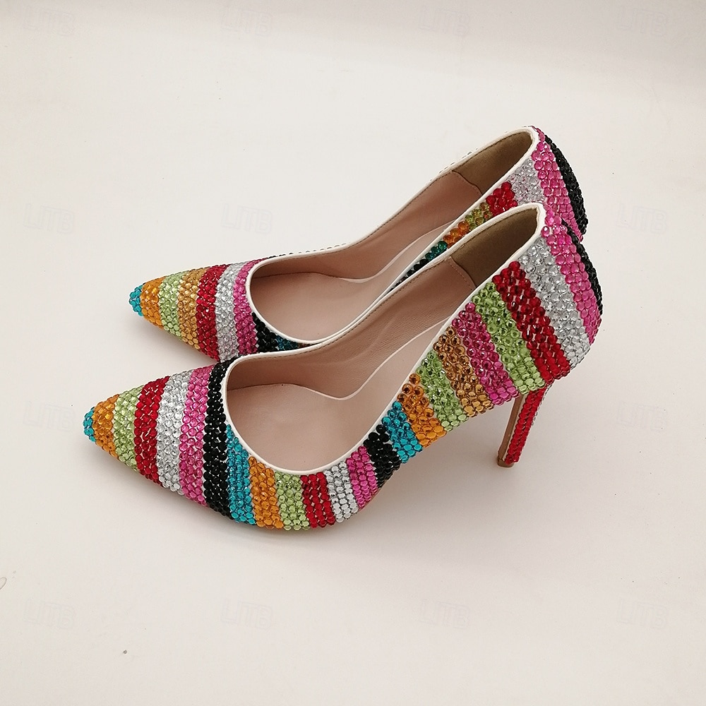 Women's Multicolor Rhinestone High Heels - Sparkling Striped Pointed Toe Pumps for Parties, Celebrations, and Special Events 2026 - $79.99 –P7
