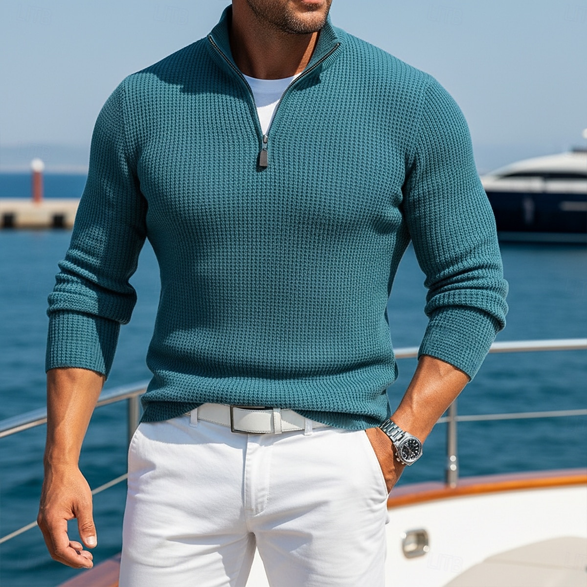 Voor heren Wafel Poloshirts Met Textuur Casual Buiten Kwart ritssluiting Lange mouw Modieus Modern Effen Kleur Effen Gebreid Herfst winter Zomer Lente Strak Donker Bruin Wit Wijn Marineblauw 2026 - $20.99 –P11