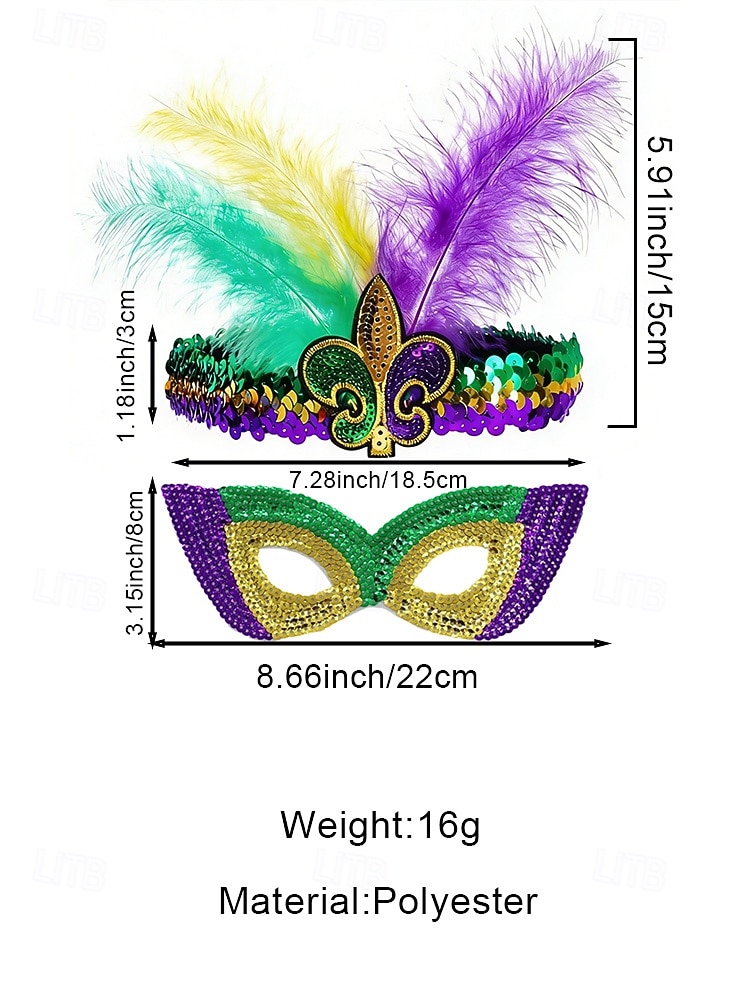 Women's Polyester Sequin Mardi Gras Mardi Gras Mask and Headband Set – Vibrant Colors with Feathers, Perfect for Carnival and Masquerade Parties 2026 - $9.99 –P8
