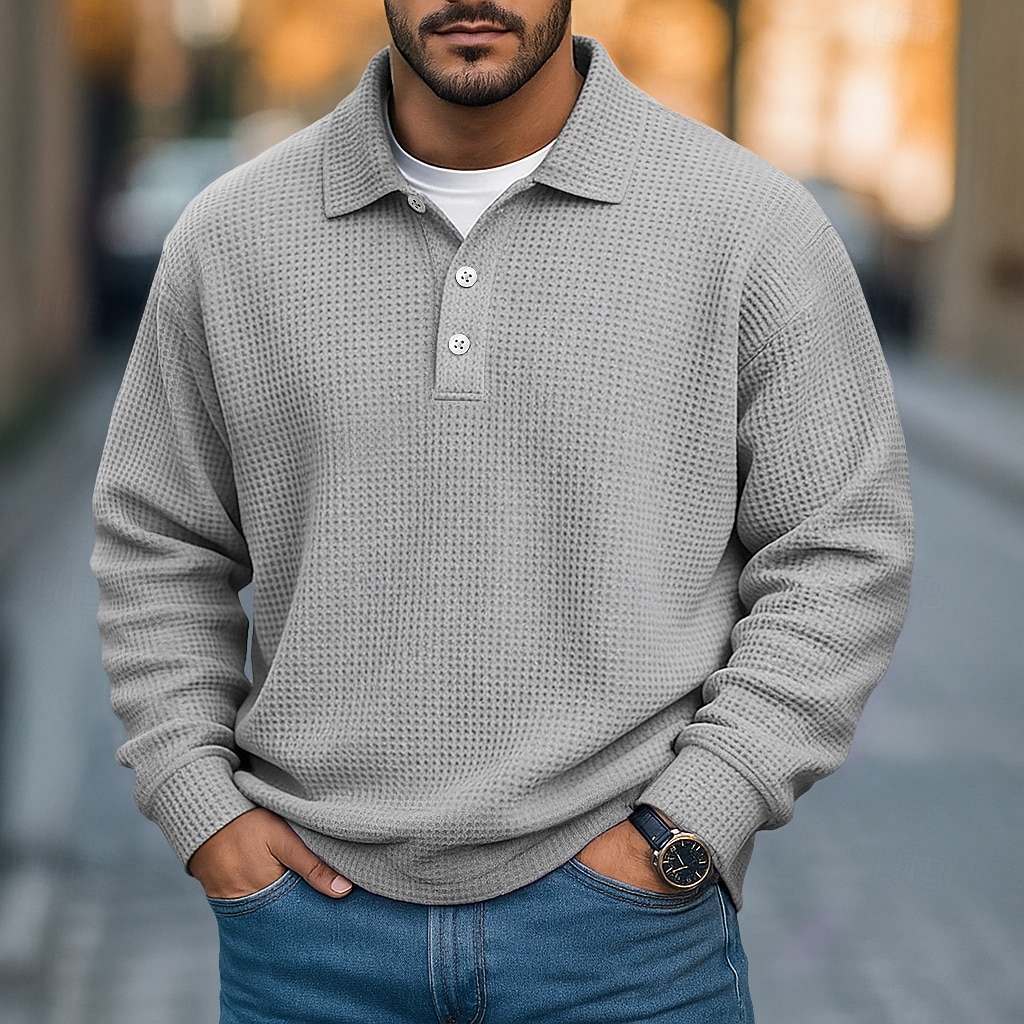 2026年 男性用 ワッフルポロシャツ テクスチャード加工 カジュアル ストリート リブ付きポロカラー 長袖 ファッション 純色 ボタン 平織り 秋 春 & 秋 ルーズフィット パープル カーキ色 ライト ダークブルー ライトブルー ワッフルポロシャツ  コレクション – $26.99 –P10