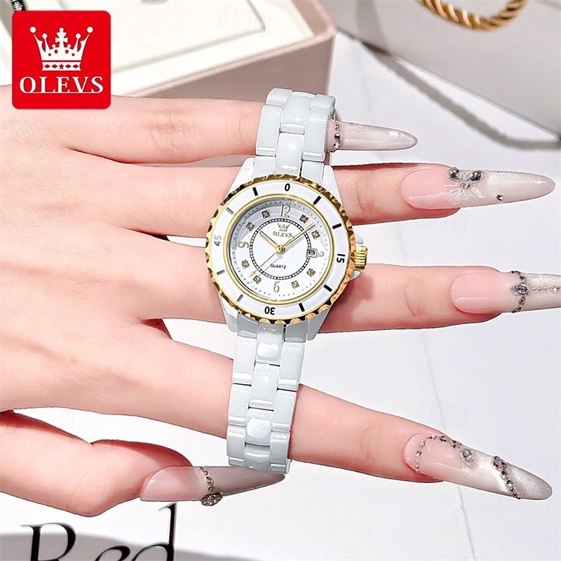 2026年 新しいOlevsの母の日ギフトは、ルミナス針とデジタル表示のホワイトセラミック 韓国版学生用クオーツ時計カジュアル防水腕時計のファッショナブルで高級な時計です  コレクション – $61.99 –P15