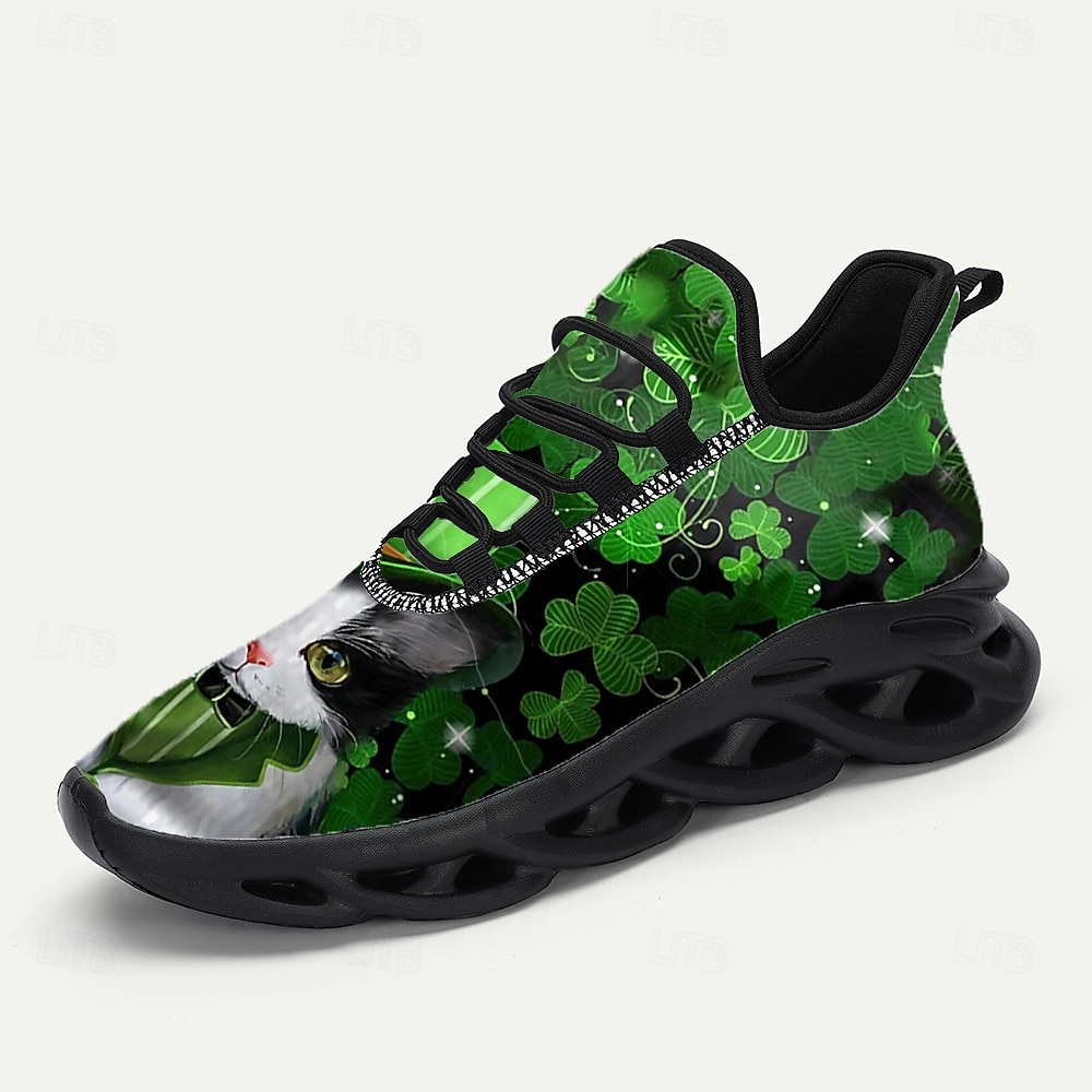 Herrsneakers med St. Patrick's Day-tema – grönt shamrock- och kattmönster, bekväma, perfekta för St. Patrick's Day-fester och roliga evenemang 2026 - $42.99 –P6
