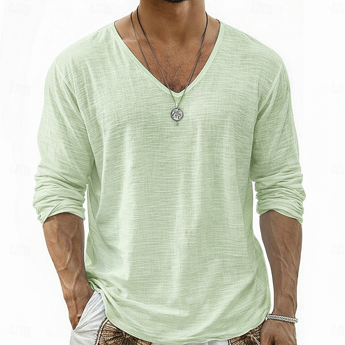 Муж. Футболка Футболка из льна Длинный рукав V-образный вырез Лето Весна Весна лето Сплошной цвет Полотняное плетение Повседневные На каждый день Уличный стиль Гладкая ткань 2026 - $20.99 –P9