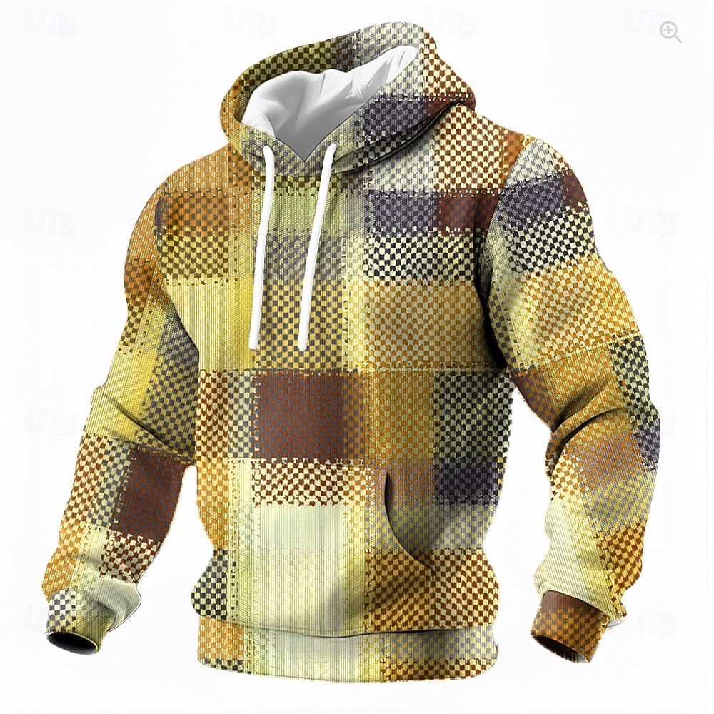 Per uomo Geometrico Plaid Felpa con Cappuccio Felpa Vintage Retrò Manica Lunga Girocollo All'aperto Abbigliamento casual alla moda Giallo Marrone Coulisse Autunno Inverno progettista S M L XL XXL XXXL del 2026 a $26.99 –P2