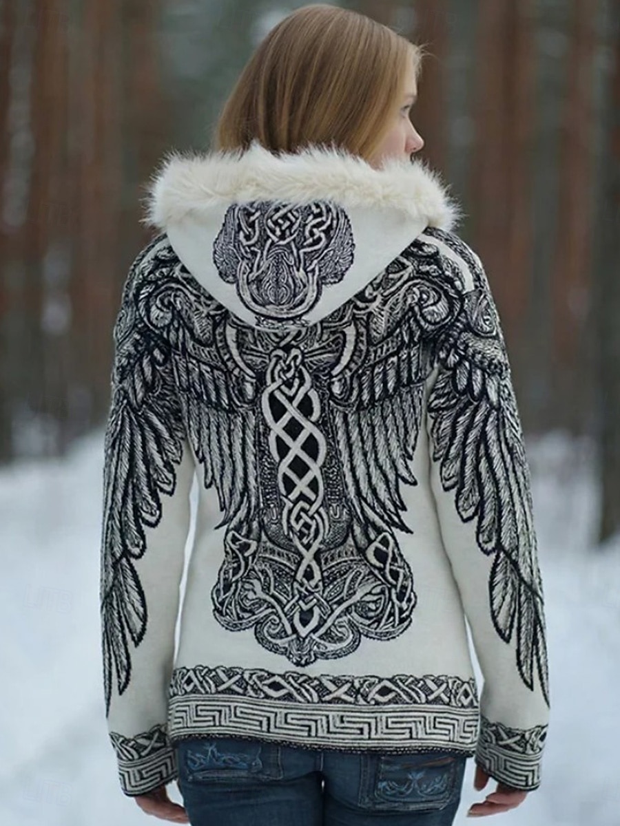 نسائي هوديس بسحاب الرسم حيوان الغربي عرقي كاجوال كم طويل مع قبعة قمصان عادية فضفاض شارع أبيض الخريف 2026 - $41.99 –P1