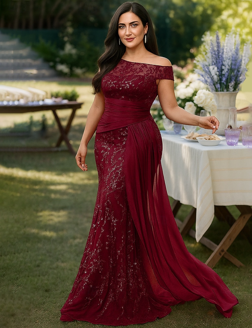 Schlauchkleid Bodenlang Abschlussballkleid Perlenbestickt Partykleid Brautmutterkleid Kurzarm Rundhalsausschnitt Elegant Vintage luxuriös Formeller Abend Hochzeitsfeier mit Perlenstickerei 2026 - $114.99 –P6