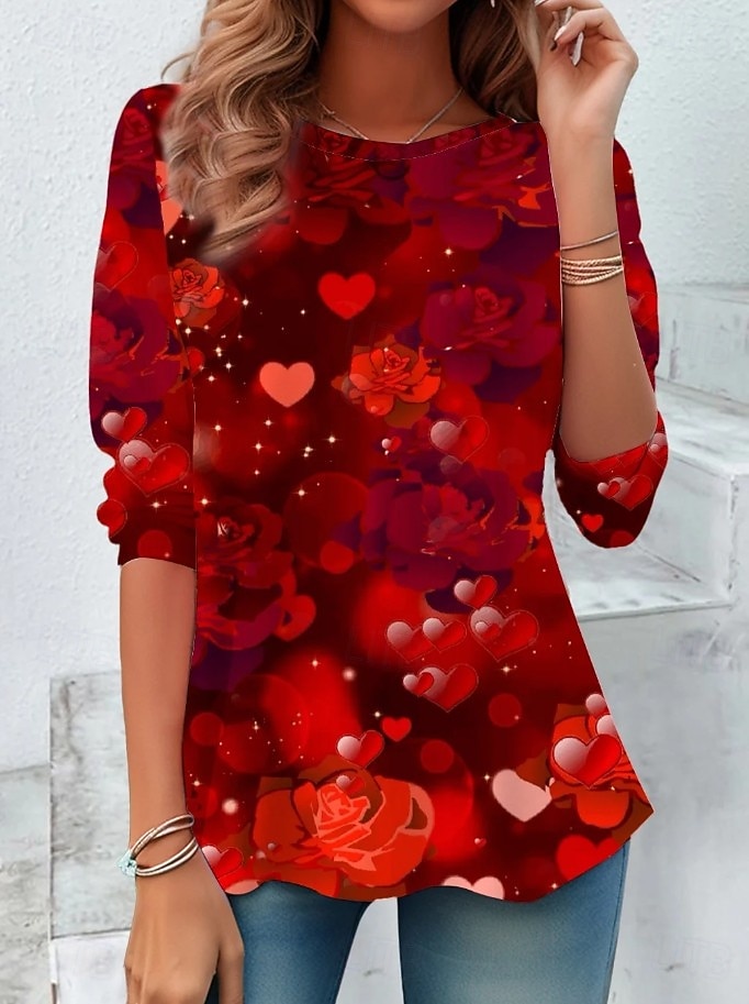 Valentine's Day Women's T Shirt Print Heart Graphic Fashion Stylish Classic Long Sleeve Crew Neck Regular Tops Daily Weekend Red Summer Spring Fall 2026 - $24.99 –P1
