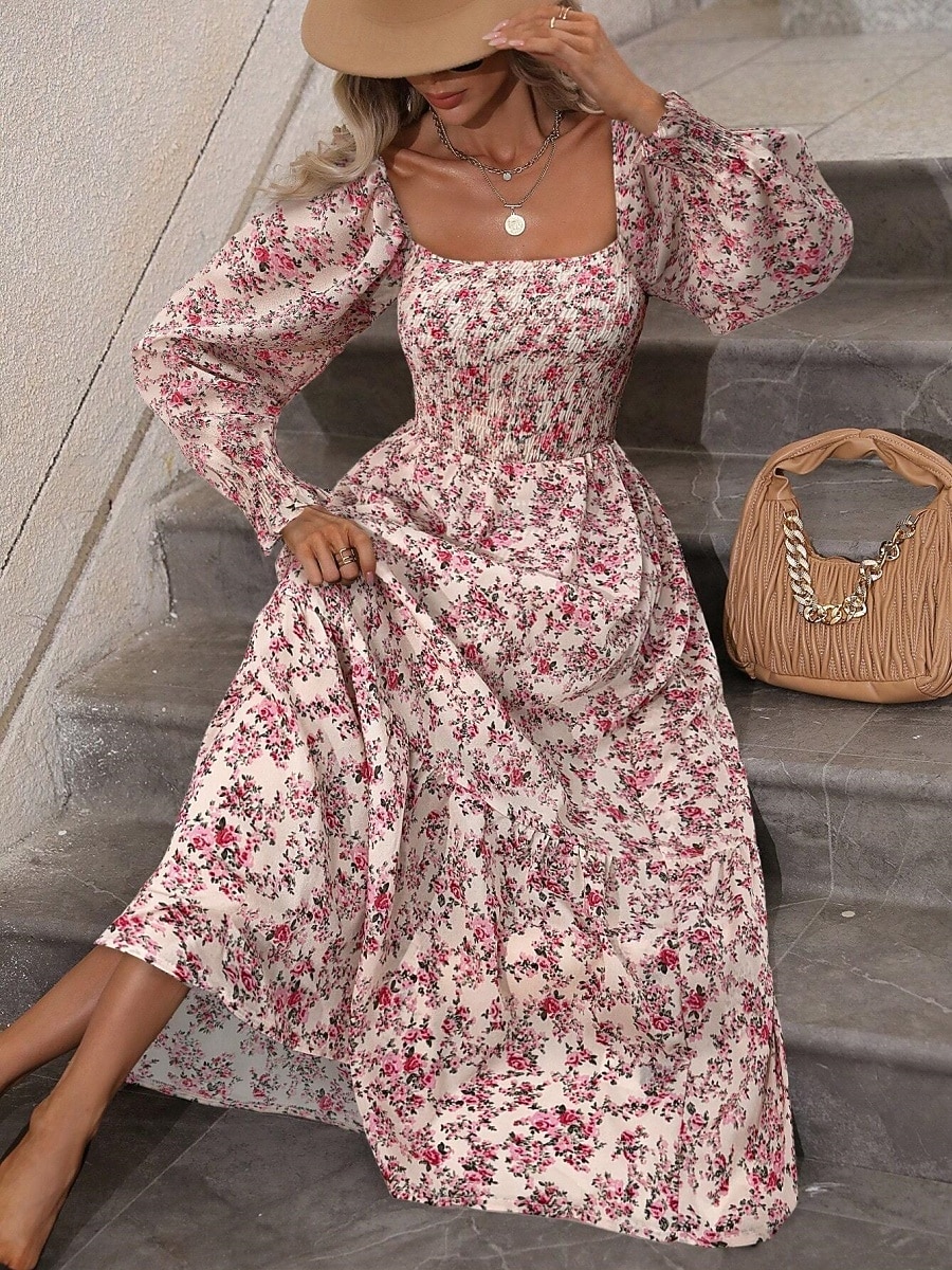 Dames Maxi-jurk A lijn jurk Casual Dagelijks Normale pasvorm Bloemig Grafisch Lange mouw Vierkante hals Zwart Blozend Roze Lente Herfst 2026 - $34.99 –P5