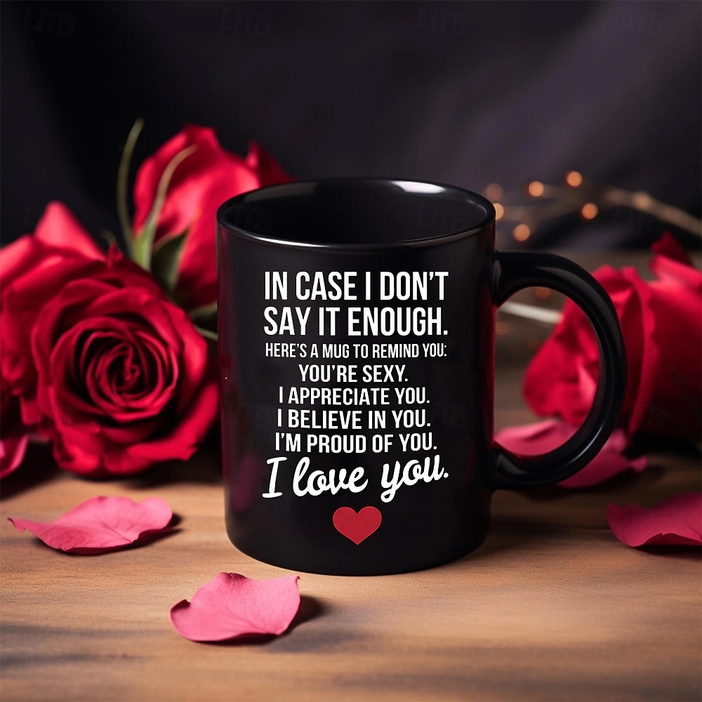 كوب هدية لعيد الحب، كوب أسود عليه عبارة "أحبك"، كوب قهوة سيراميك رومانسي، هدية مميزة للأحباب، كوب للأزواج 2026 - $16.99 –P3