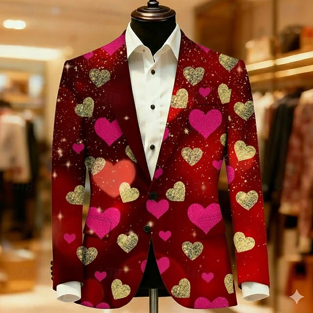 Valentine's Day Men's Heart Blazer Jacket Coat Fashion Comfortable Breathable Artistic Casual Daily Party Evening Wear Festival 3D Print Buttons Multi Pocket All Seasons Notch Long Sleeve Red 1 Red 2 2026 - $85.99 –P4