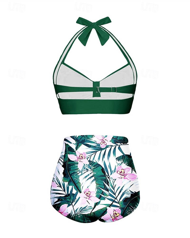 Per donna Costume da bagno Bikini a vita alta con volant 2 pezzi Tropicale Senza schiena Protezione UV Alta elasticità Senza Maniche Costume da Bagno Surf Immersione Snorkeling Estate del 2026 a $15.49 –P16
