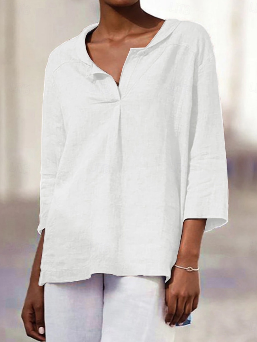 Women's Blouse Faux Cotton Linen Ruched Solid Color Stylish Casual 3/4 Length Sleeve V Neck Regular Tops Daily Black White Orange Summer Spring 2026 - $22.99 –P1
