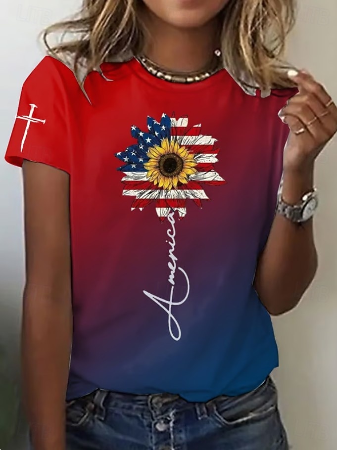 Патриотическая майка ко Дню независимости Женская футболка графический флаг винтажный стильная классическая с коротким рукавом круглый вырез обычная футболка повседневная выходные печать синий 2026 - $22.99 –P1