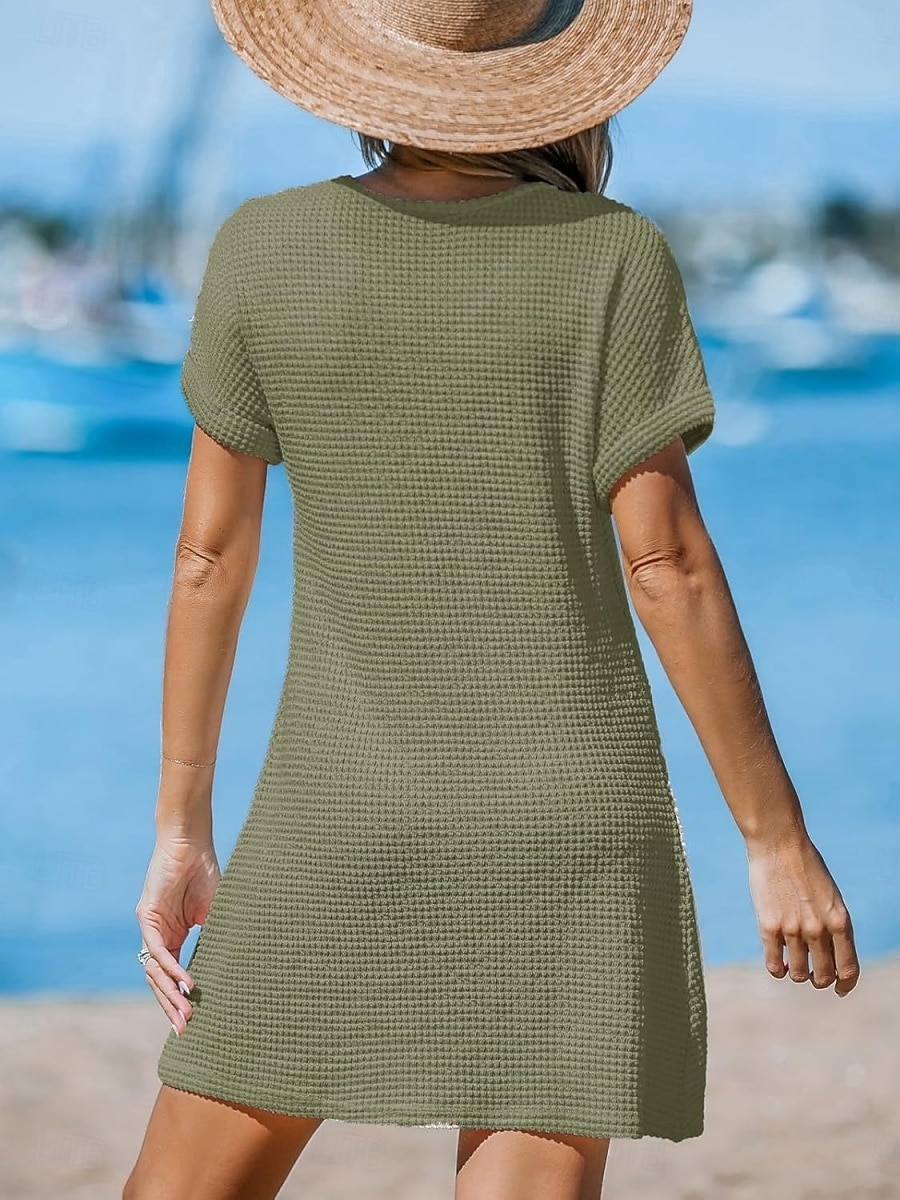 Women's Swimwear Cover Up Swim Dress Swimsuit Knitted Vacation Beach Wear Solid Color V Neck Short Sleeves Bathing Suits 2026 - $28.99 –P13