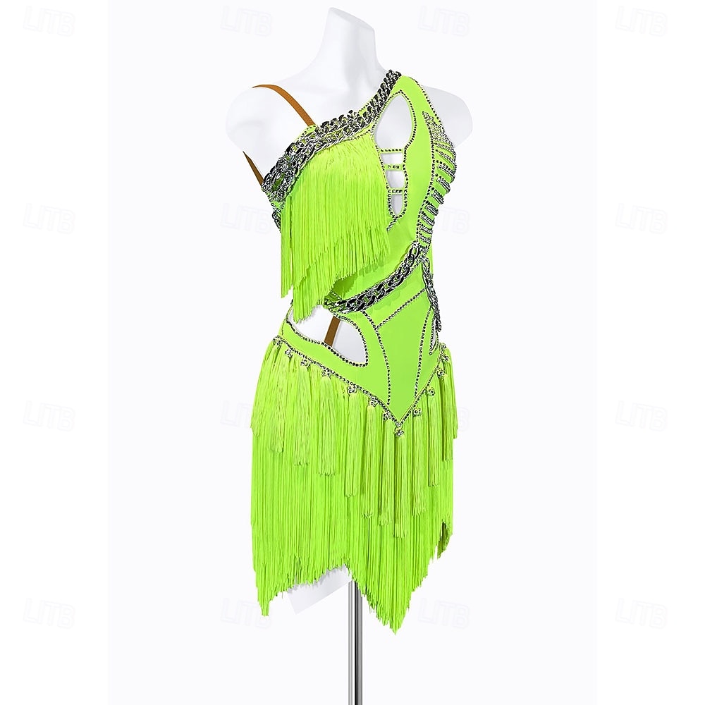 Women's Neon Green Rhinestone Fringe Latin Dance Dress - One Shoulder Cutout Asymmetrical Ballroom Performance Costume 2026 - $292.49 –P1
