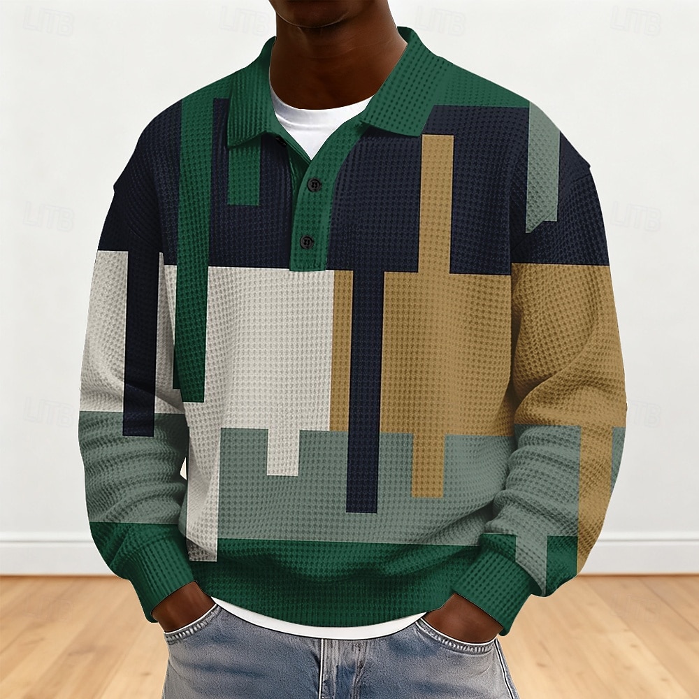 Voor heren Kleurenblok Meetkundig Wafel Poloshirts Lange mouw Poloshirt Revers Sportkleding Casual School Sportkleding Alledaagse kleding 3D-afdrukken Lente Herfst Winter Groen 2026 - $28.99 –P2