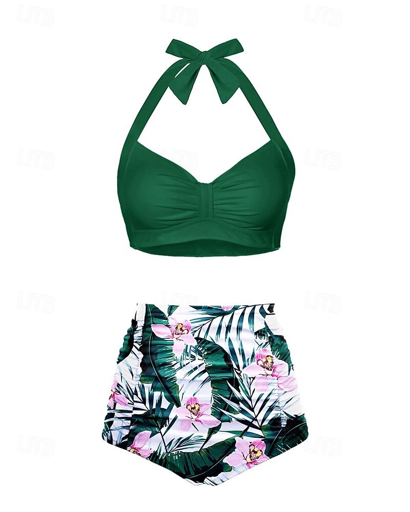 Per donna Costume da bagno Bikini a vita alta con volant 2 pezzi Tropicale Senza schiena Protezione UV Alta elasticità Senza Maniche Costume da Bagno Surf Immersione Snorkeling Estate del 2026 a $15.49 –P14