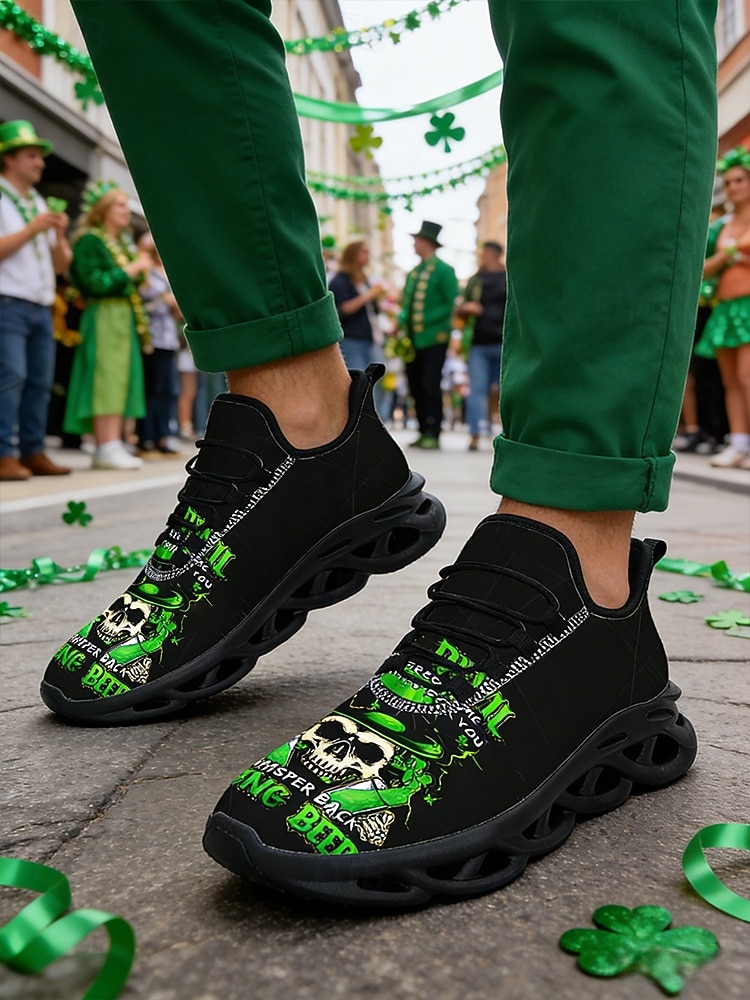 Sneakers da uomo con stampa teschio: design unico verde e nero con struttura resistente, perfette per il giorno di San Patrizio e per l'abbigliamento casual del 2026 a $46.99 –P1
