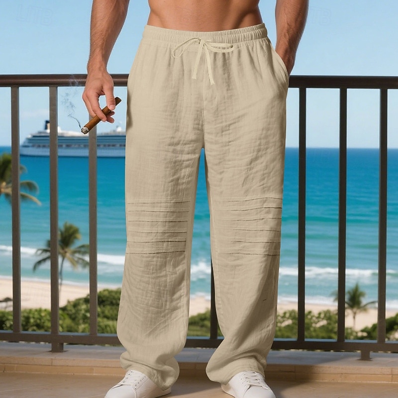 Men's Linen Pants Trousers Summer Pants Baggy Pants Beach Pants Drawstring Elastic Waist Solid Color Comfort Breathable Daily Outdoor Beach Vacation Fashion Light Khaki Black Inelastic 2026 - $24.99 –P16