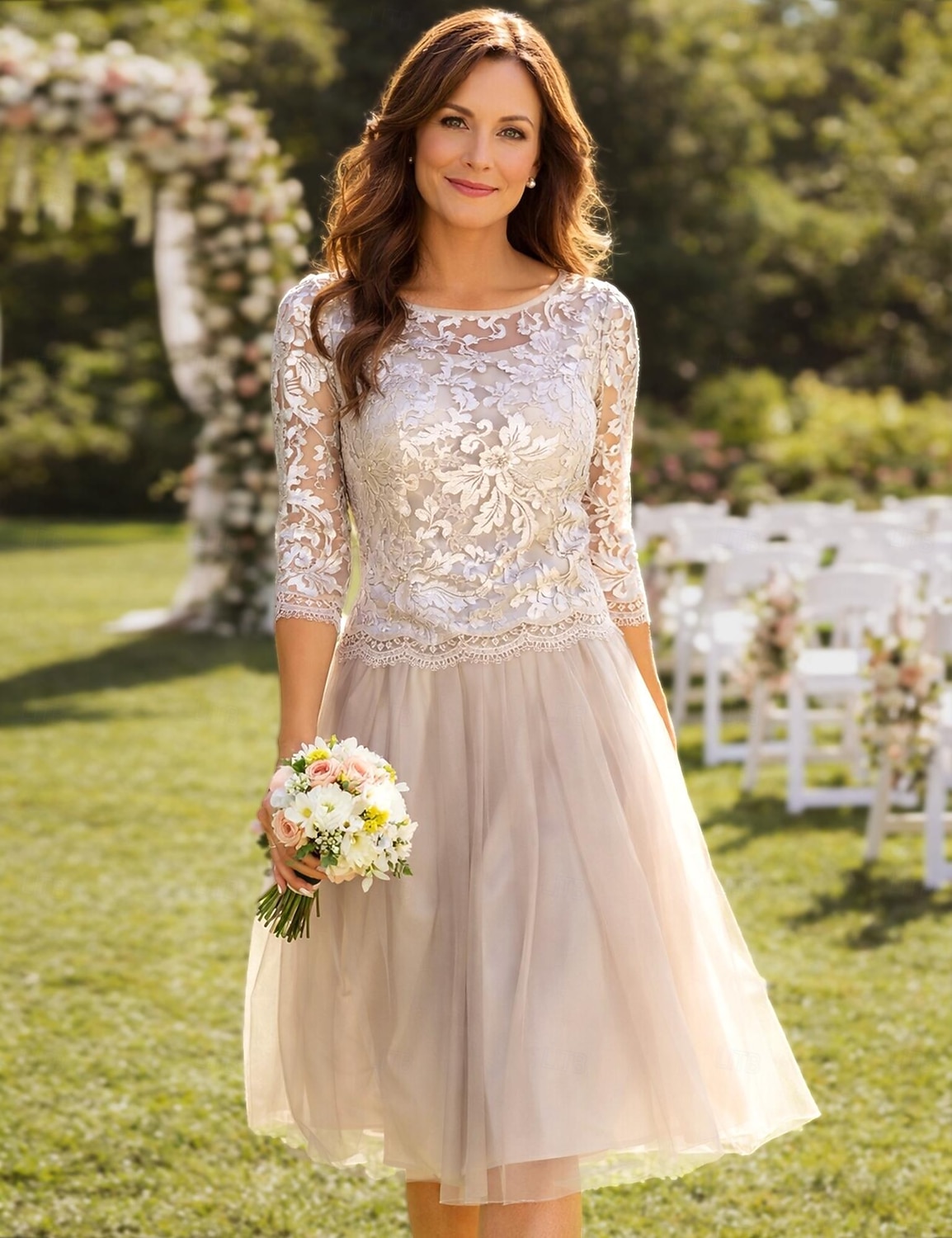 A-lijn Tot de knie Feestjurk Cocktail jurk Bruiloft gast jurk Moeder van de bruid jurk 3/4 mouw Met sieraad Elegant Doorzichtig Bruiloft gast Chiffon Kant Tule met Plooien Appliqués 2026 - $146.99 –P1