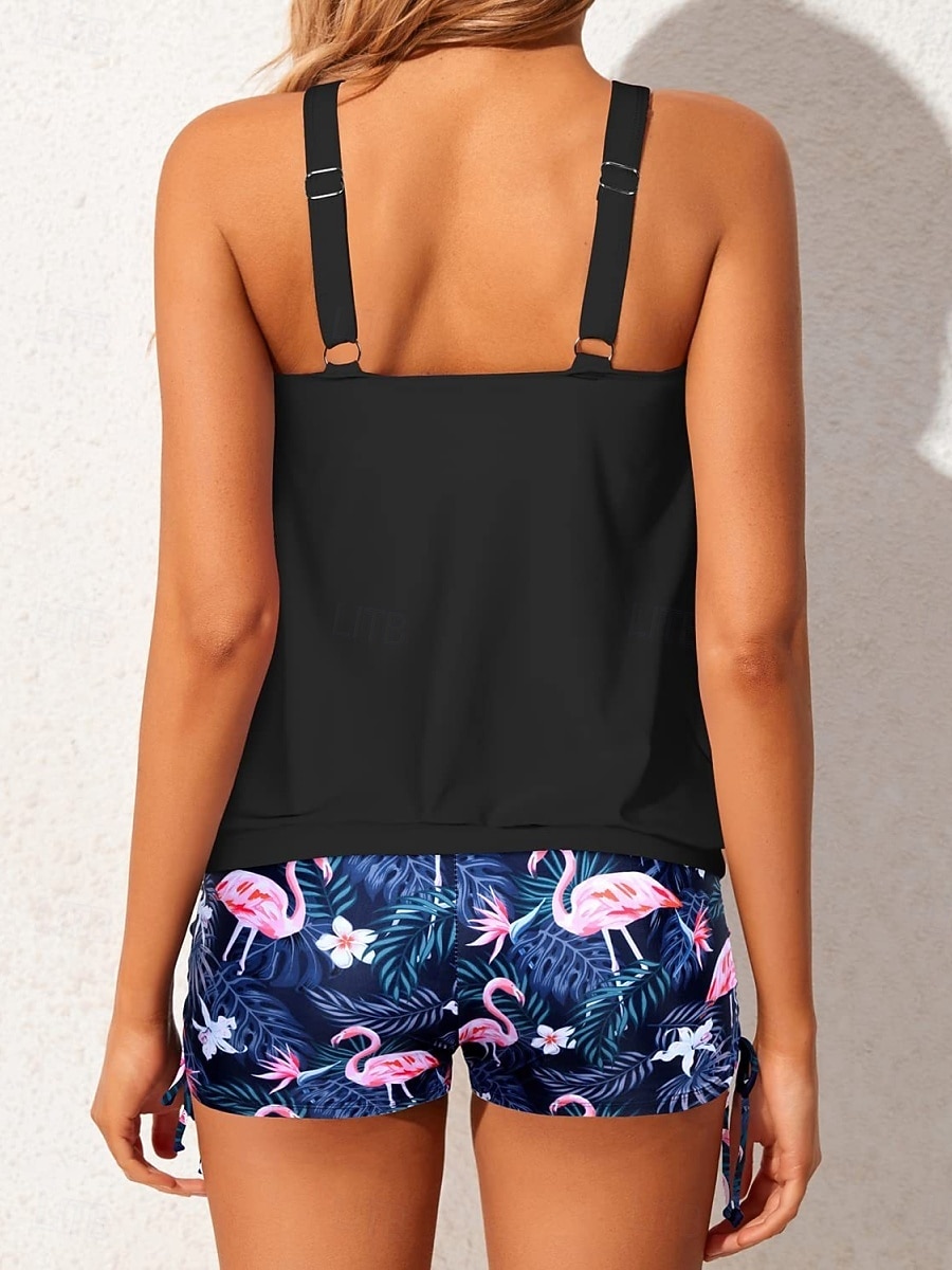 Tankini de 2 piezas para mujer pantalones cortos control de abdomen talle alto espalda descubierta vacaciones ropa de playa color sólido gráfico cuello en U sin mangas 2026 - $33.99 –P6