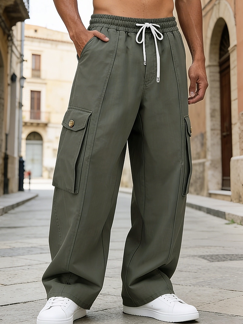 Men's Cargo Pants Trousers Baggy Pants Drawstring Elastic Waist Multi Pocket Solid Color Windproof Comfort Knee Length Daily Outdoor Holiday Vacation Streetwear Army Green Apricot Inelastic 2026 - $37.99 –P1