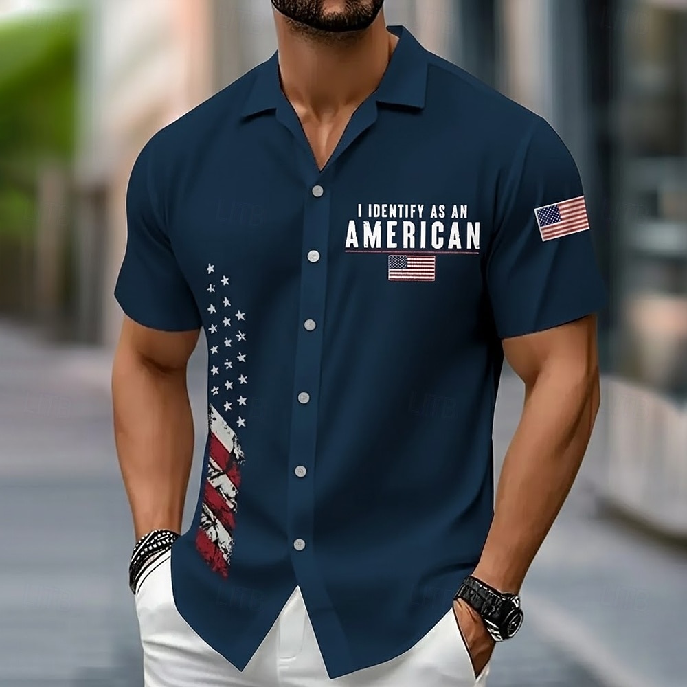 Herre 4. juli USAs 250-årsjubileum USAs flagg Patriotisk Skjorte Skjorte med knapper Kortermet Fashion Casual Ferie Fritid / hverdag Sommer Vår Aftæpning 3D-utskrift krage skjorter Svart Hvit Mørkeblå 2026 - $25.99 –P3