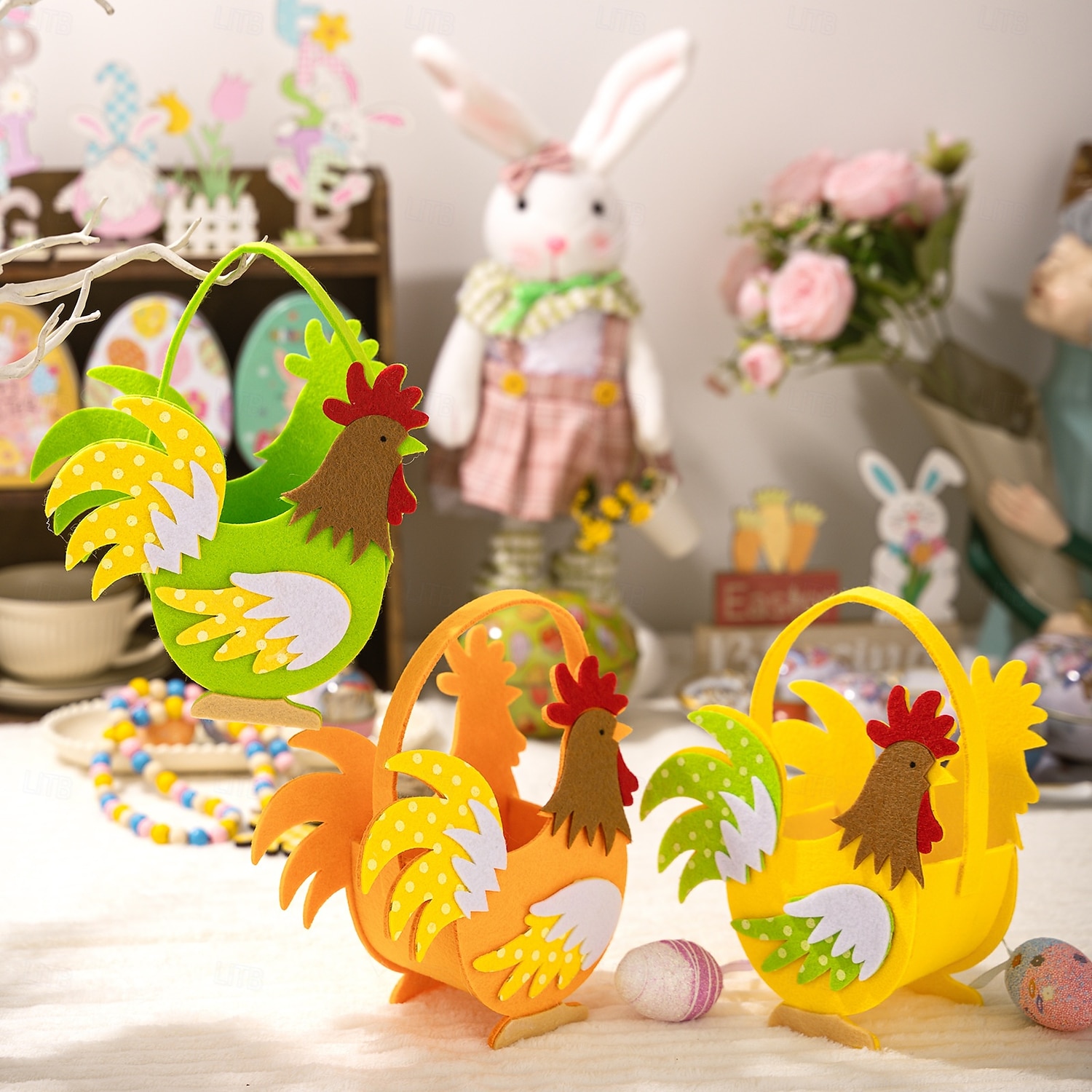 Set van 3 vilten opbergmandjes met paashaasjes en kleurrijke hanen, handzame draagtassen met cartoonfiguren, paas snoepbakken voor feestelijke decoratie, lente opbergspullen voor kinderen en 2026 - $15.99 –P2