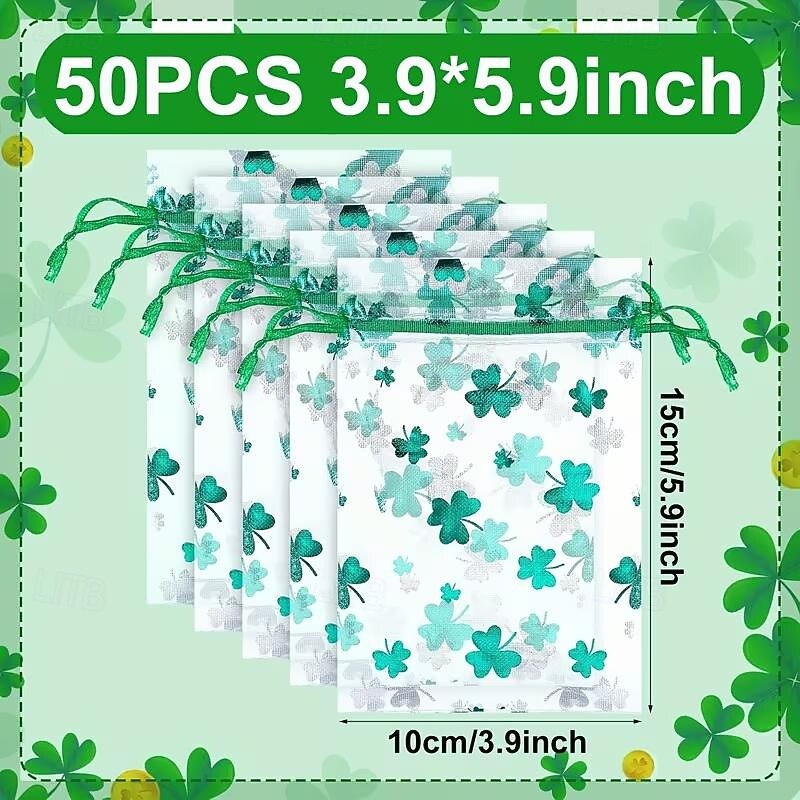 50PCS St. Patrick's Day Gift Bags, Green Shamrock Leaf Pattern Organza Bags for Jewelry, Party Favors, Two Sizes 3.9x5.9 Inch & 5x7 Inch 2026 - $19.99 –P5