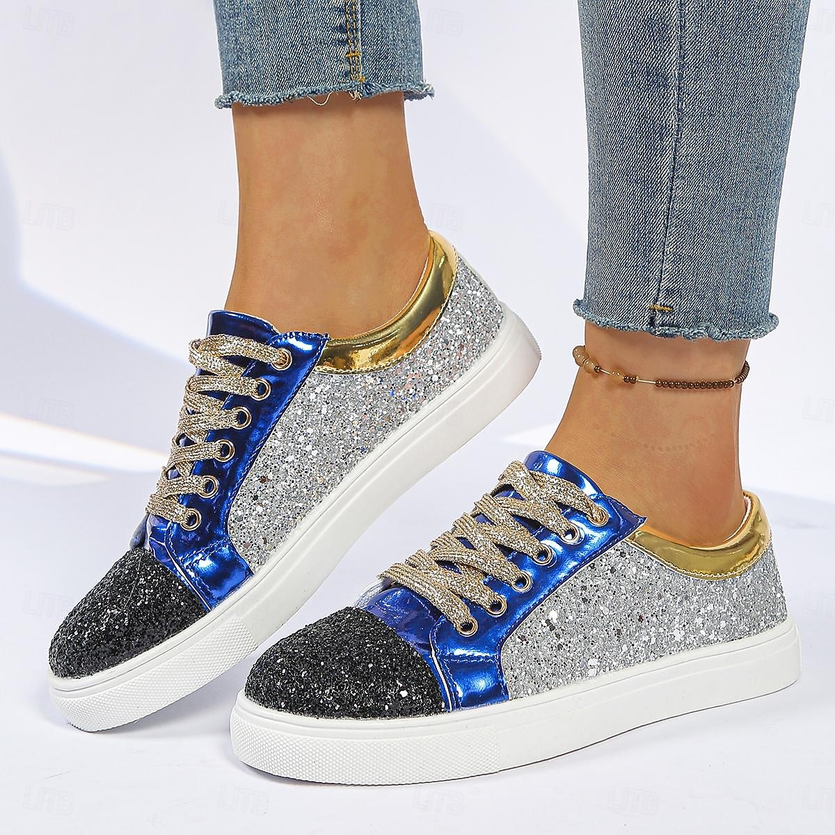 Pentru femei Casual Toc Drept Vârf rotund Casual Imitație Piele Dantelat Argintiu Roșu+albastru 2026 - $34.99 –P7