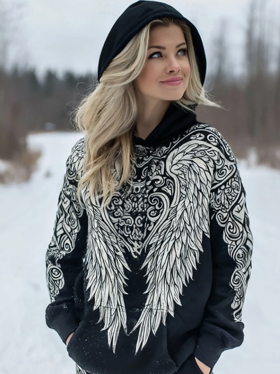 Damen Kapuzenpullover Patchwork Druck Fronttasche Grafik Geometrisch Stammes Vintage Lässig Boho Langarm Mit Kapuze Normale Oberteile Lässig Straße Alltagskleidung Schwarz Weiß Frühling Herbst 2026 - $32.99 –P1