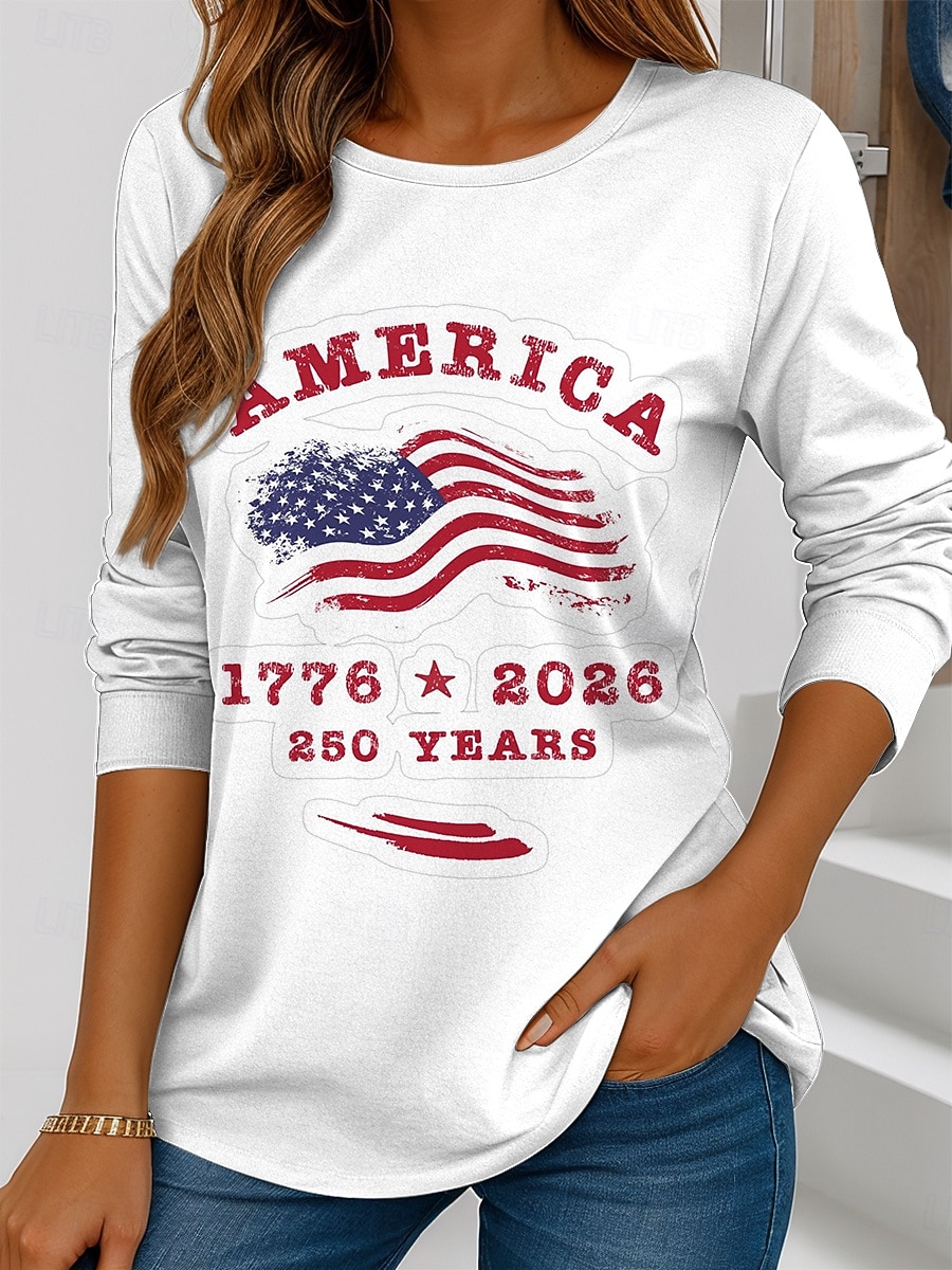 Ziua Independenței Americane Pulover pentru Femei T Shirt Grafic Steag Stilat Casual Mâneci Lungi Guler Crew Tops Regulate Imprimare Albastru Alb Roșu Vară Primăvară 2026 - $24.99 –P3