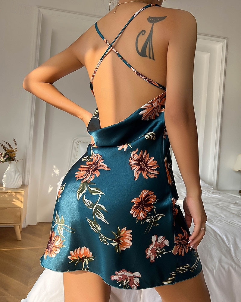 Damen Freizeitkleidung Nachthemd Sexy Lässig Weich Blumen Gerafft Rückenfrei Kleid Heim Urlaub Ärmellos V Ausschnitt Schwarz Rote Grün Sommer Frühling Normale Passform 2026 - $12.99 –P4