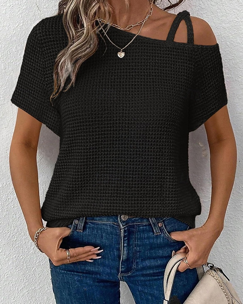 Mujer Camiseta Color sólido Vintage Elegante Manga Corta Cuello asimétrico Tops regulares Diario Noche Fin de semana Negro Blanco Rosa Caqui Verano Primavera 2026 - $25.99 –P5