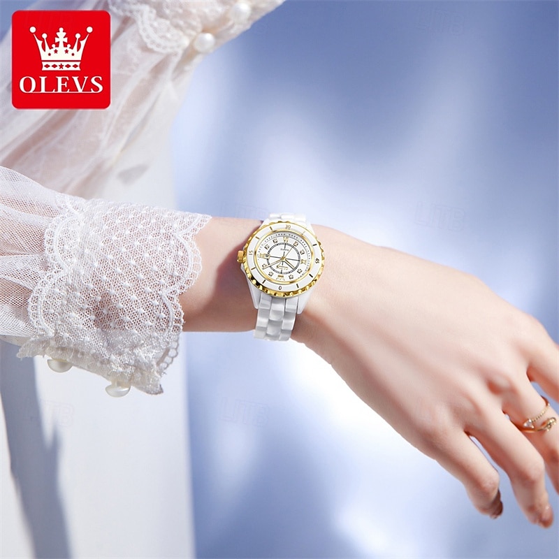 2026年 新しいOlevsの母の日ギフトは、ルミナス針とデジタル表示のホワイトセラミック 韓国版学生用クオーツ時計カジュアル防水腕時計のファッショナブルで高級な時計です  コレクション – $61.99 –P13