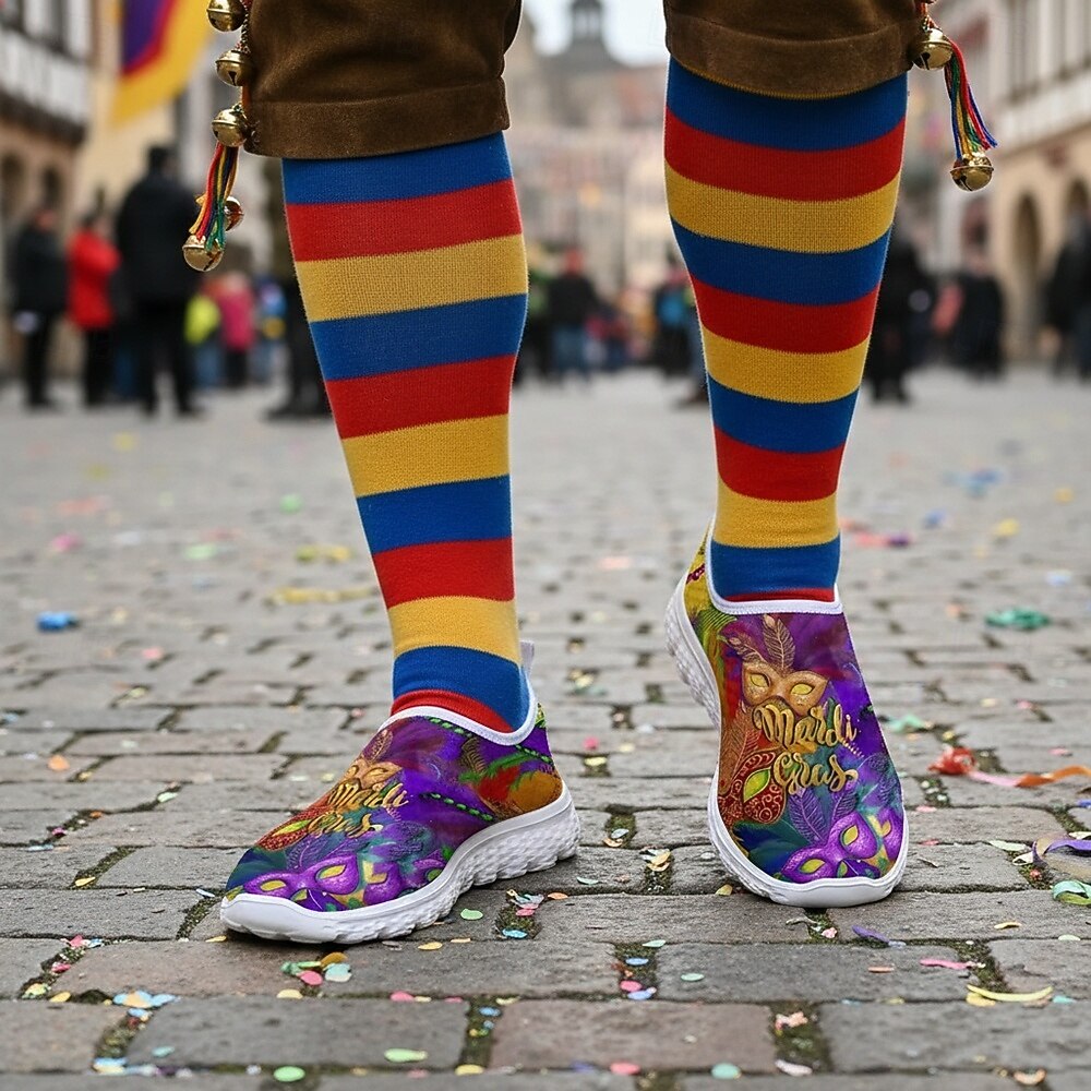 Scarpe casual slip-on con stampa di maschera per Mardi Gras da uomo - calzature festive leggere e traspiranti per sfilate di carnevale celebrazioni di strada feste a tema e uscite festive del 2026 a $32.99 –P4