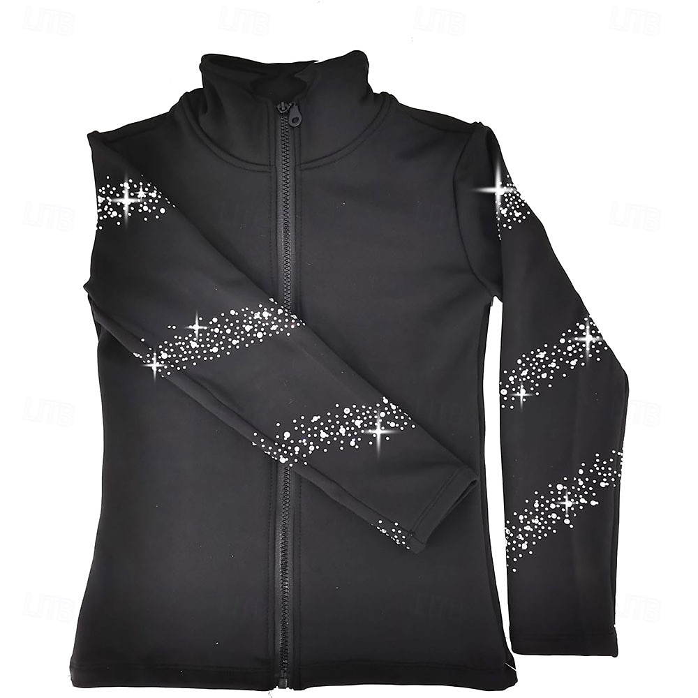 جاكيت تزلج على الجليد من الصوف للنساء والفتيات، أسود اللون، مطاطي، مناسب للتدريب والمنافسات، دافئ، مزين بالكريستال/أحجار الراين، بأكمام طويلة، مناسب للتزلج الفني على الجليد 2026 - $89.99 –P1