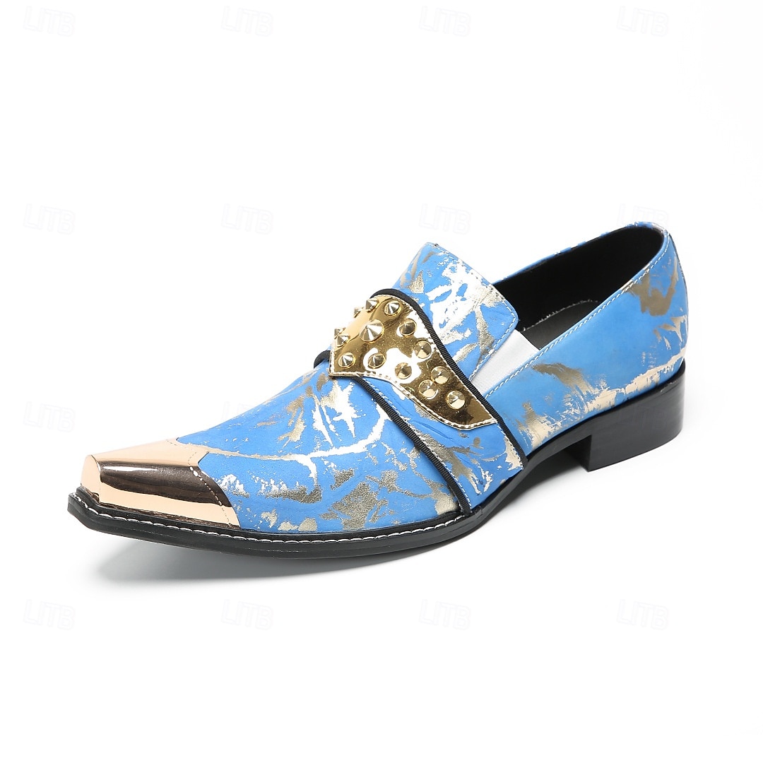 Mocasines de piel patentada azul y dorada para hombre, elegantes detalles de hebilla, zapatos de vestir para negocios y eventos. 2026 - $119.99 –P9