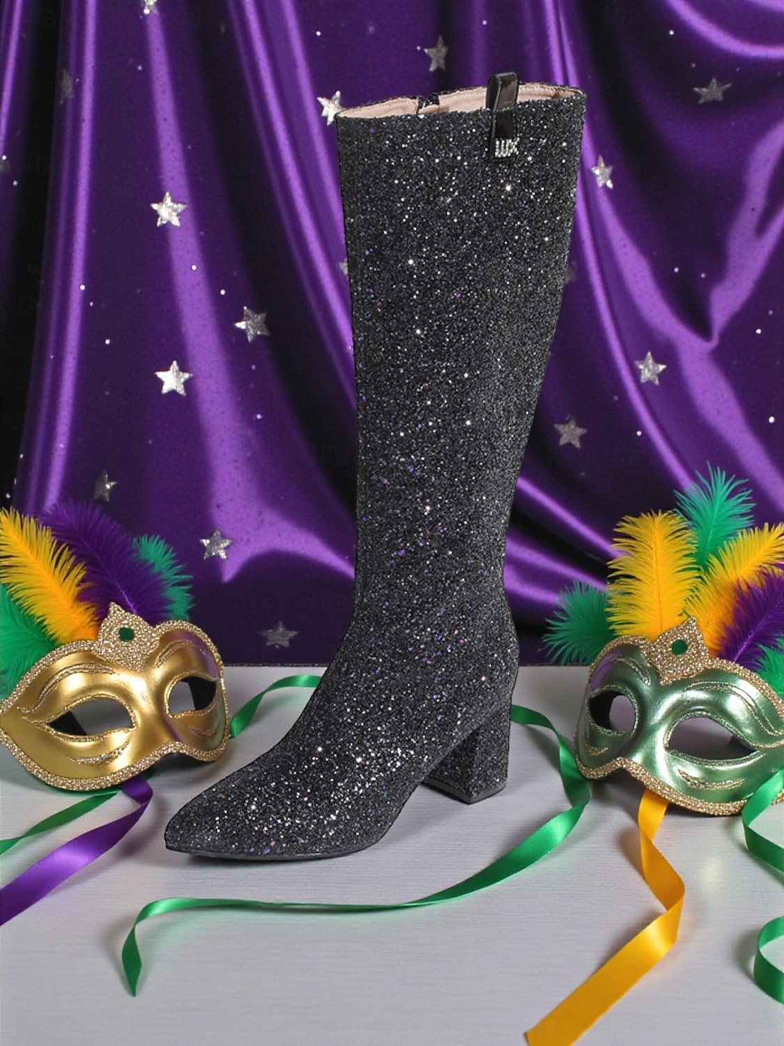 Kobiece różowe buty na kolano z brokatem i szerokimi obcasami – Iskrzące odważne oświadczenie mody idealne na karnawał festiwale i imprezy kostiumowe 2026 - $69.99 –P1