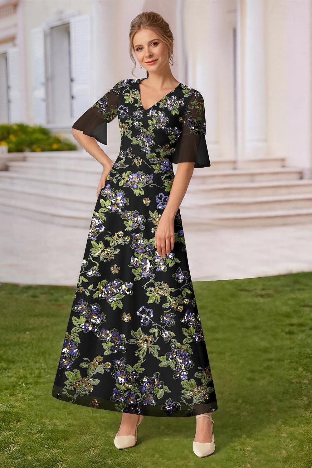 Corte A Vestidos Hasta el Suelo Hasta el Tobillo Bordado con cuentas Vestido de Fiesta Vestido Cóctel Vestido de Madrina Manga Corta Escote en Pico Elegante Vintage Formal Encaje Tul con Cuentas 2026 - $194.99 –P4