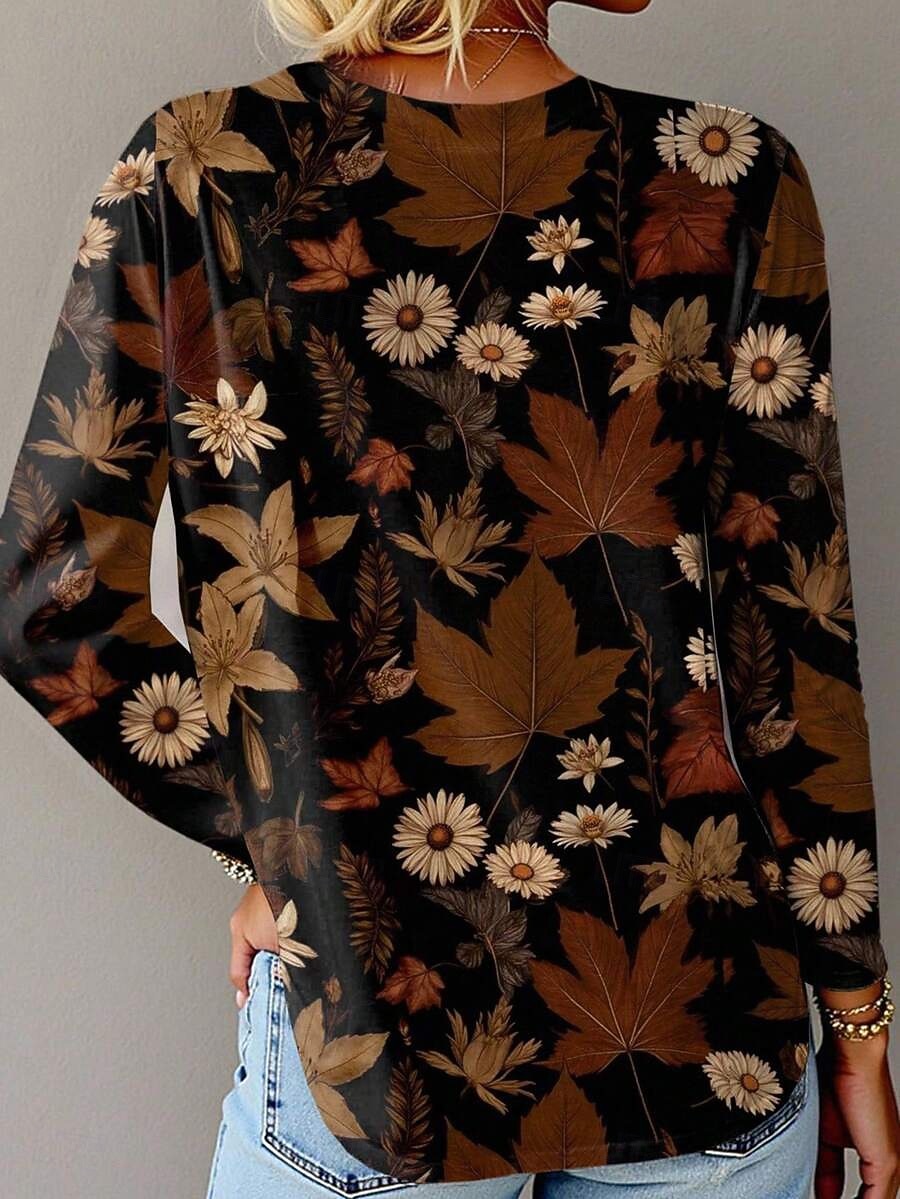 Per donna Maglietta Stampato Floreale Grafico Piante Moda Elegante Classico Manica Lunga Girocollo Top Regolari Quotidiano Weekend Marrone Estate Primavera Autunno del 2026 a $24.99 –P2