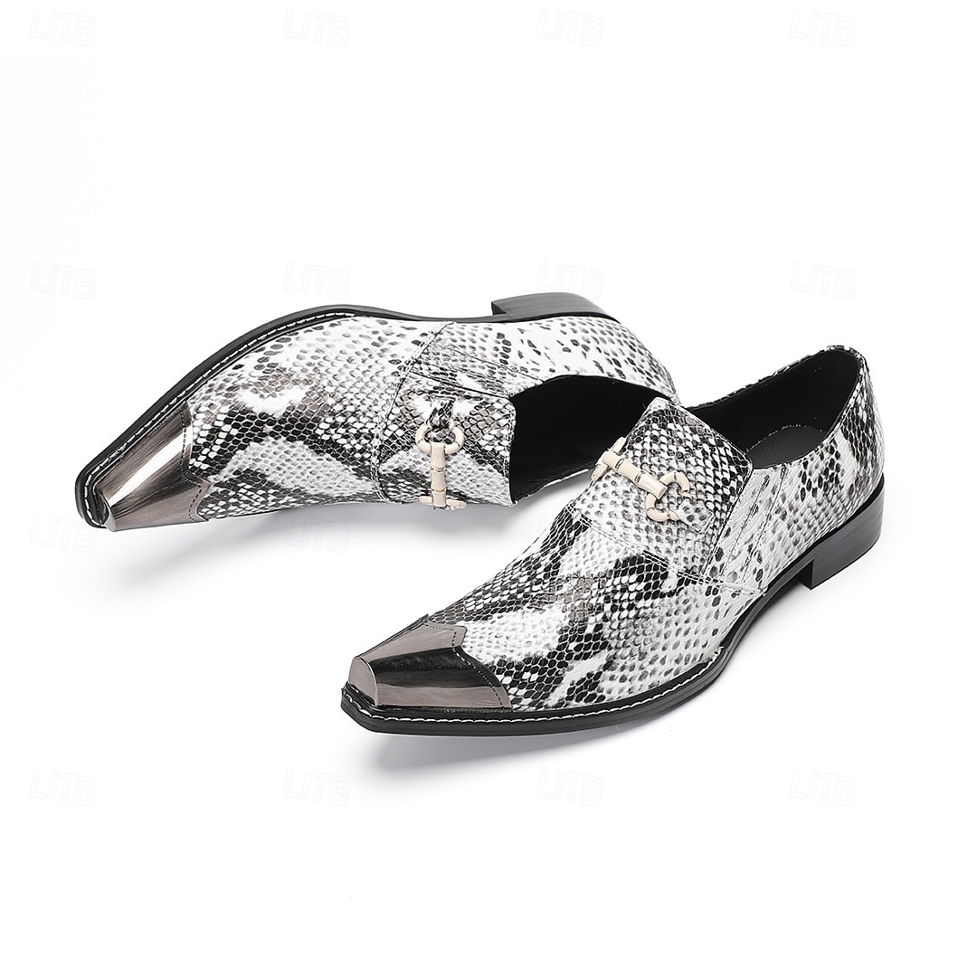 Men's White Snake Print Slip-On Shoes with Metal Accents – Stylish Formal Shoes for Evening Wear and Fashion-Forward Occasions 2026 - $119.99 –P7