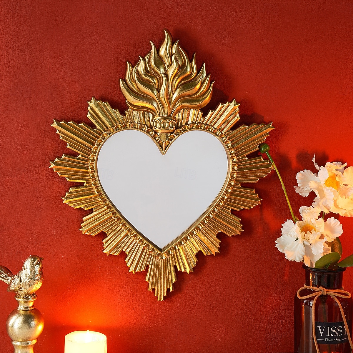 Wanddekor-Spiegel mit flammendem Herzmotiv, handgefertigter Hängeschmuck in Form eines flammenden Herzens, Wandkunst im europäischen Stil für Wohnzimmer, Schlafzimmer, Arbeitszimmer, religiöse 2026 - $33.99 –P1