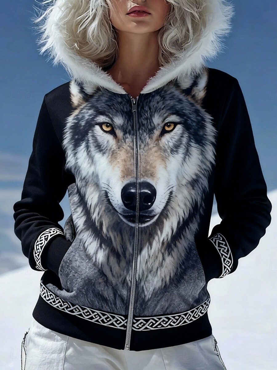 Γυναικεία Φούτερ με φερμουάρ Pullover Τσέπη Στάμπα Γραφική Ζώο Βίντατζ Καθημερινό Μακρυμάνικο Με Κουκούλα γούνινος γιακάς Κανονικά μπλουζάκια Causal Καθημερινή Ένδυση Μαύρο Άνοιξη Φθινόπωρο Χειμώνας 2026 - $45.99 –P3