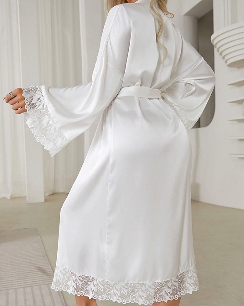 Femmes Robe Occasionnel Doux Satin Couleur Unie Dentelle Quotidien Maison Lit manche longue Col en V Noir Blanche Été Coupe régulière de 2026 ? $31.99 –P13