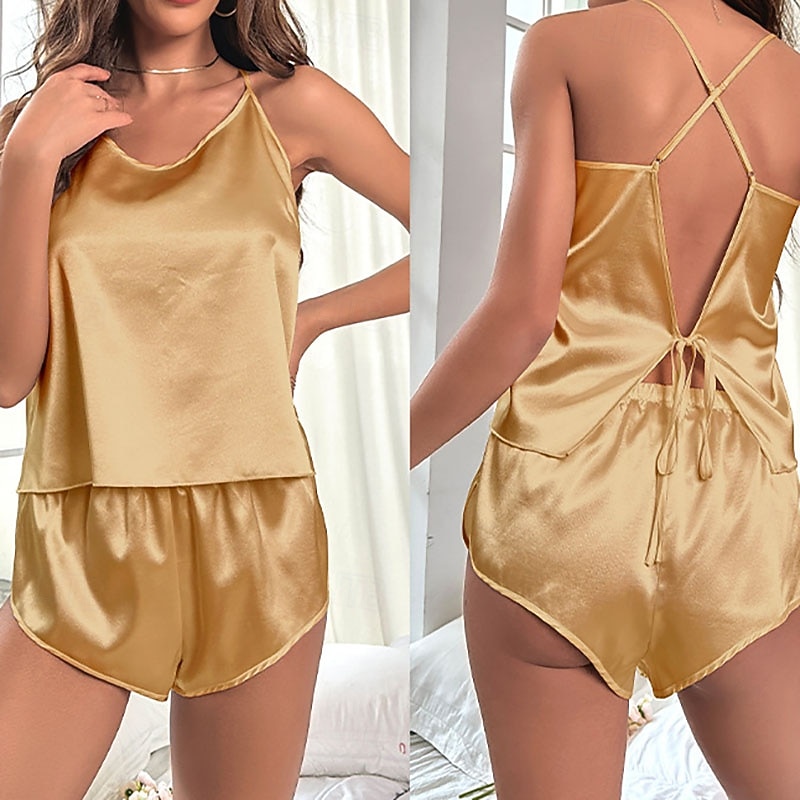 Women's Loungewear Pajama Set Fashion Casual Soft Pure Color Patchwork Backless Shorts Home Vacation Sleeveless V Neck Black White Champagne Light Green Pink Summer Spring Fall Regular Fit 2026 - $22.99 –P5